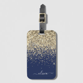 Guld Navy Blå Tjej Glitter Glans Monogram Namn Bagagebricka