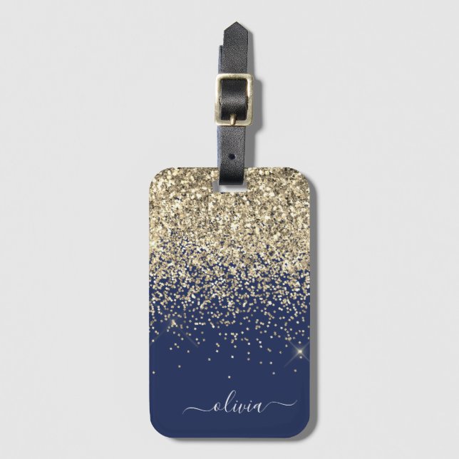 Guld Navy Blå Tjej Glitter Glans Monogram Namn Bagagebricka (Framsida vertikal)