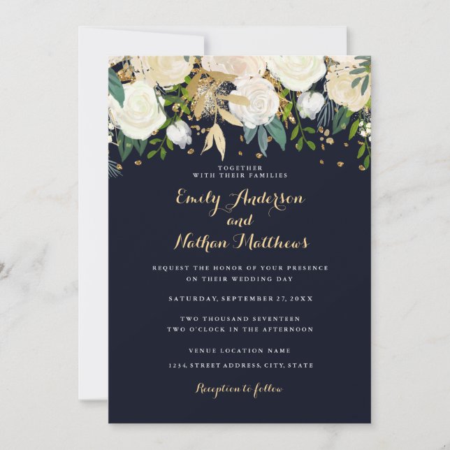 Guld Navy Blommig Glitter Gnistrande Bröllopsinbju Inbjudningar (Framsida)