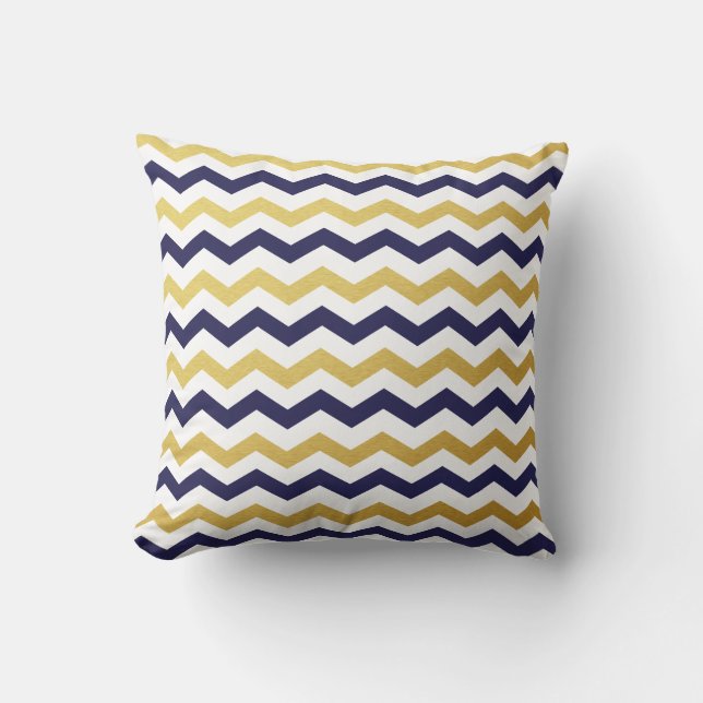 Guld & Navy Blue Chevron Mönster Dekorativ kudde (Framsida)