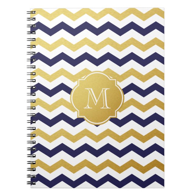 Guld & Navy Blue Chevron Mönster Monogram bärbar d Anteckningsbok (Framsidan)