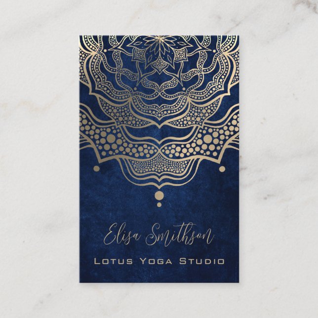 Guld & Navy Blue Classy Elegant Yoga Reiki Mandala Visitkort (Framsida)
