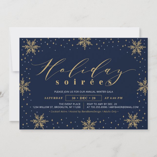 Guld & Navy Blue Corporate Helgdag Soiree Party Inbjudningar (Framsida)