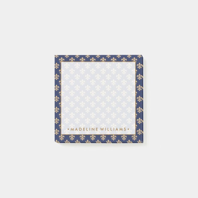 Guld & Navy Blue Fleur-De-Lis Post-it Block (Framsida)