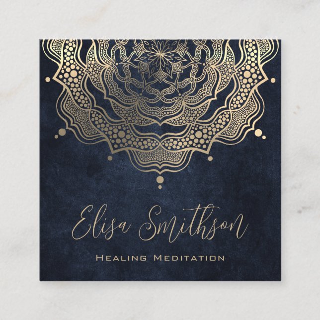 Guld & Navy Blue Mandala Reiki Healing Meditation Fyrkantigt Visitkort (Framsida)