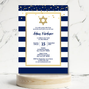Guld Navy Blue Rand & Star David   Pub Mitzvah Inbjudningar
