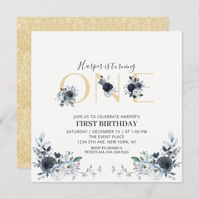 Guld & Navy Boho Blommigt 1st Birthday Square Inbjudningar (Fram/baksida)