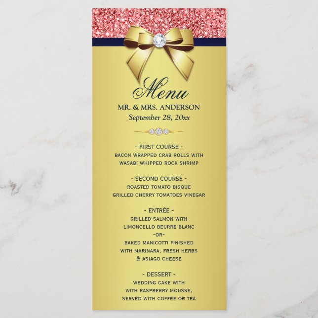 Guld Navy Coral Sequins Diamonds Bow Bröllop Menu Meny (Framsida)