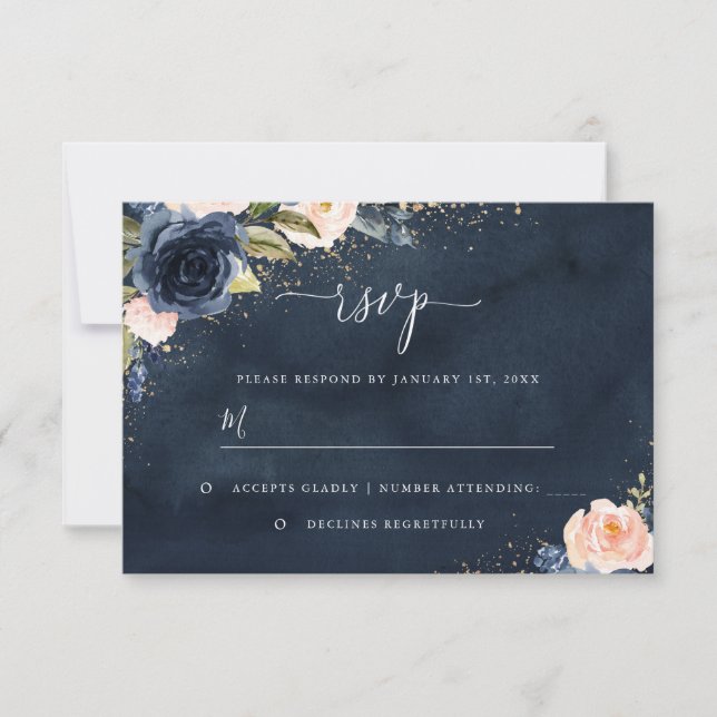 Guld Navy Glitter Blommig OSA Kort (Framsida)