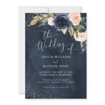 Guld Navy Glitter Blommig Watercolor Bröllop