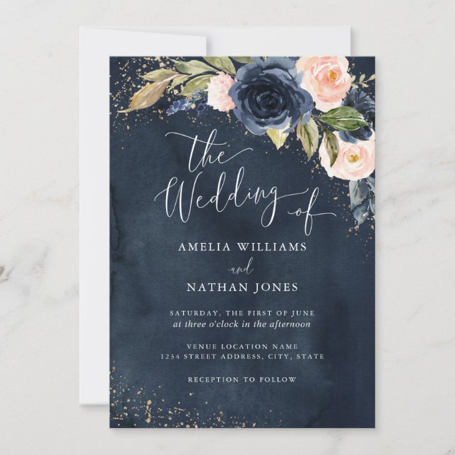 Guld Navy Glitter Blommig Watercolor Bröllop Inbjudningar (Framsida)