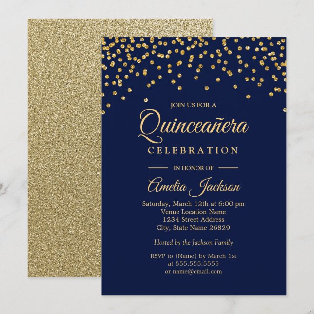 Guld Navy Glitter Konfetti Quinceanera Inbjudan (Fram/baksida)