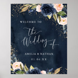 Guld Navy Gnistra Blommigt Välkommen Bröllop Poster