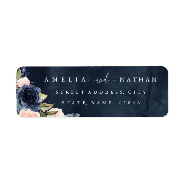Guld Navy Gnistra Blommigt Watercolor Bröllop Returadress Etikett (Framsidan)