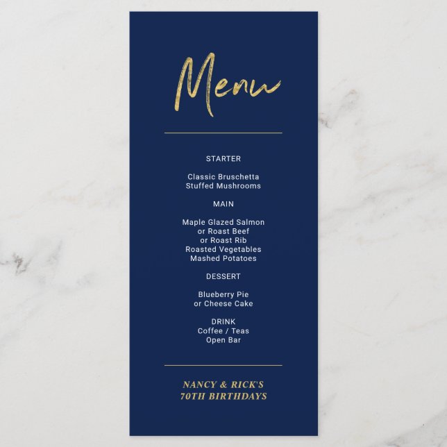 Guld & Navy Modern Lettering Födelsedagsfest Menu Meny (Framsida)