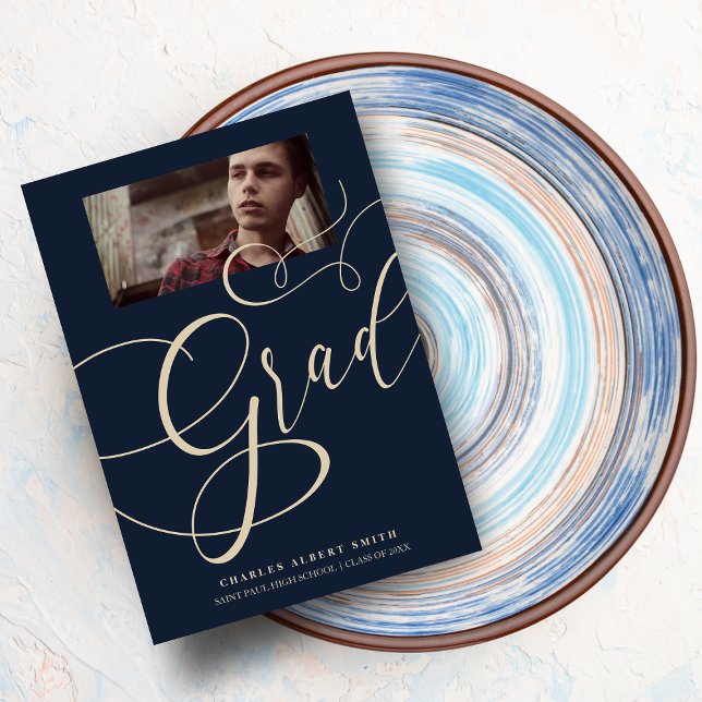 Guld & Navy Modern Typography Grad Photo Student Inbjudningar (Skapare uppladdad)