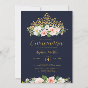 Guld Navy Rosa Blommig Tiara Quinceanera Inbjudningar