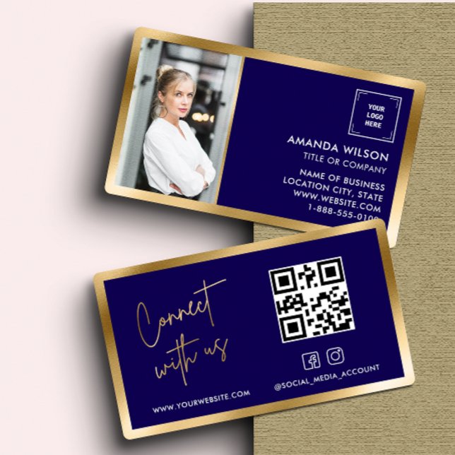 GULD NAVY Social Media QR-kodfoto och Logotyp Visitkort (Skapare uppladdad)