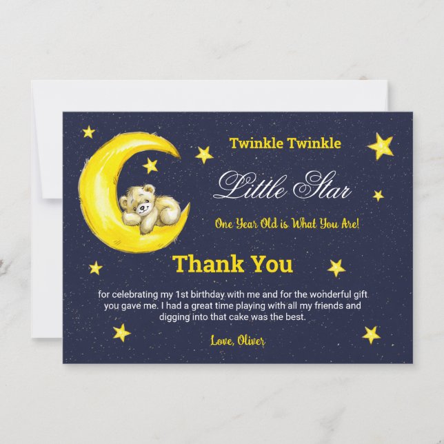 Guld Navy Twinkle Little Star 1:a födelsedagen Tack Kort (Framsida)