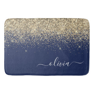 Guld Navyblå Glitter Skript Monogram Flickaktigt N Badrumsmatta