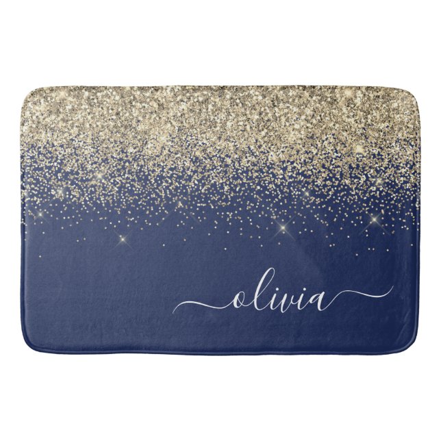 Guld Navyblå Glitter Skript Monogram Flickaktigt N Badrumsmatta (Framsidan)