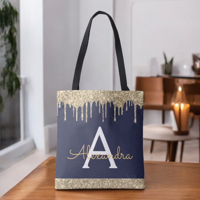 Guld Navyblå Glitter Spakle Elegant Monogram Tygkasse (Skapare uppladdad)