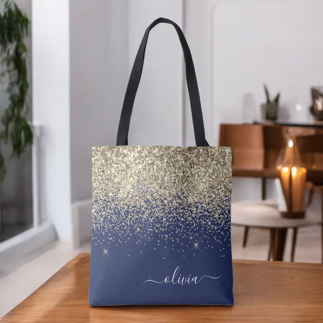 Guld Navyblå Tjej Glitter Glans Monogram Namn Tygkasse (Skapare uppladdad)