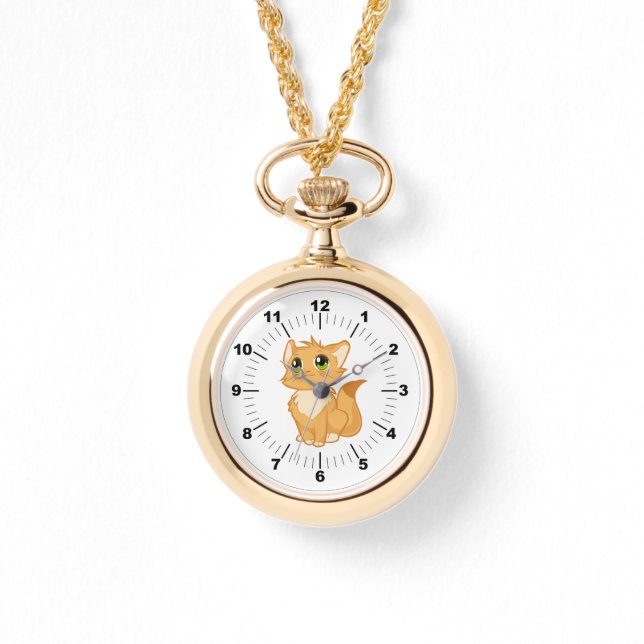 Guld Necklace Watch - Cute Cat Armbandsur (Framsida)