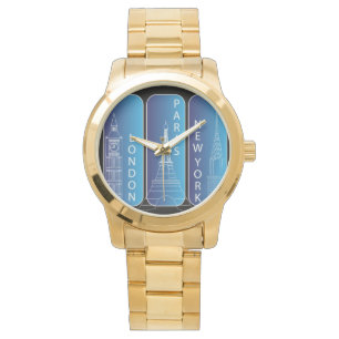 Guld- "New York, Paris, London" damer Armbandsur