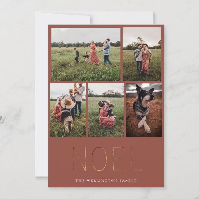 Guld NOEL Modern Photo Collage Helgdag Card | Röd Julkort (Framsida)