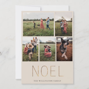 Guld NOEL Modern Photo Collage Helgdag Card Sand Julkort