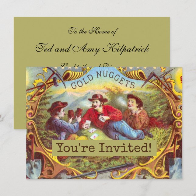 Guld Nuggets Antique Cigar Label Inbjudningar (Fram/baksida)