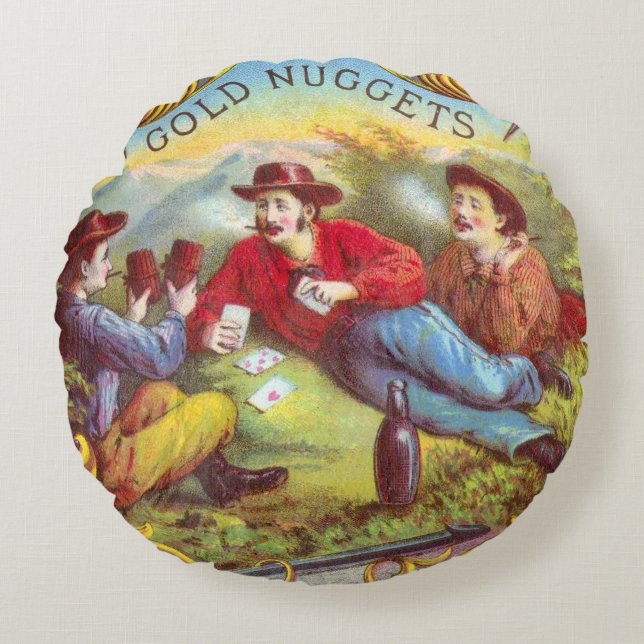 Guld Nuggets Antique Cigar Label Rund Kudde (Framsidan)