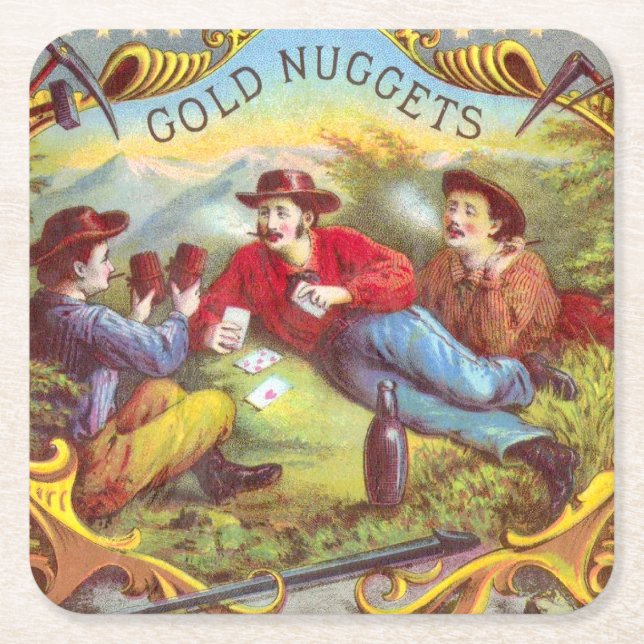 Guld Nuggets Antique Cigar Label Underlägg Papper Kvadrat (Framsidan)