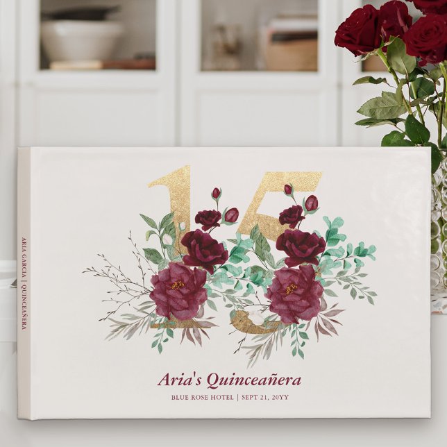 Guld nummer 15 Burgundy Royal Ro Quinceanera Gästböcker (Elegant Floral Number 15 Birthday Guest Book from my Royal Rose Quinceanera Collection)