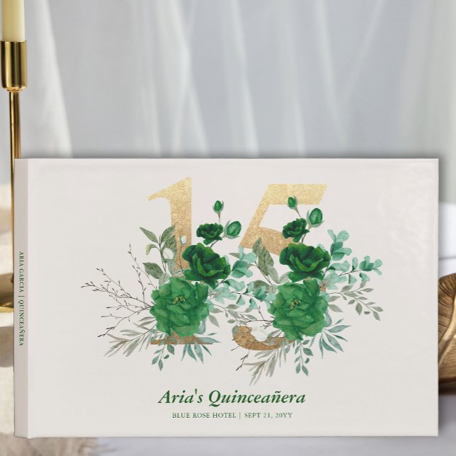 Guld nummer 15 Emerald Grönt Blommigt Quinceanera Gästböcker (15th birthday guest book from the Royal Rose Emerald Green Quinceanera Collection by Darling & May)