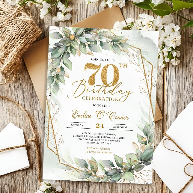 Guld nummer vattenfärgseukalyptus 70:e födelsedage inbjudningar (Spring watercolor dusty green eucalyptus and gold 70th birthday invitation digital)