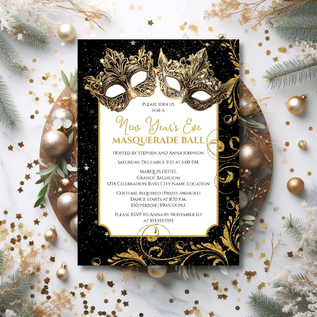 Guld Nyårsmaskerad Invitation Inbjudningar (Host your next NYE masquerade in elegance by sending out these gold mask masquerade ball invitations)