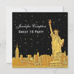 Guld NYC Siluett #2 Etsad DIY BG Kvadrat Sweet 16 Inbjudningar