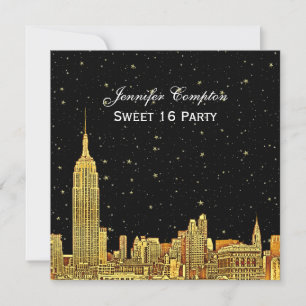 Guld NYC Siluett Etch Stjärnig BG Färg SQ Sweet 16 Inbjudningar