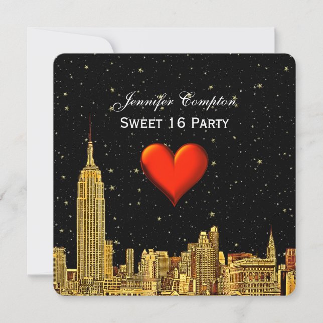 Guld NYC Skyline 01 Etched Heart Stars SQ Sweet 16 Inbjudningar (Framsida)