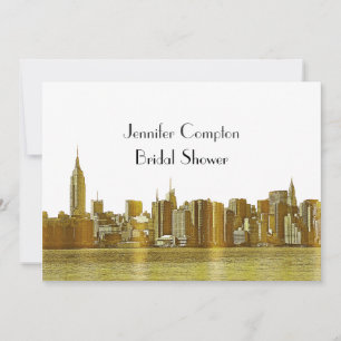 Guld NYC Skyline 01 Etsad Bröllopsdusch Vit Inbjudningar