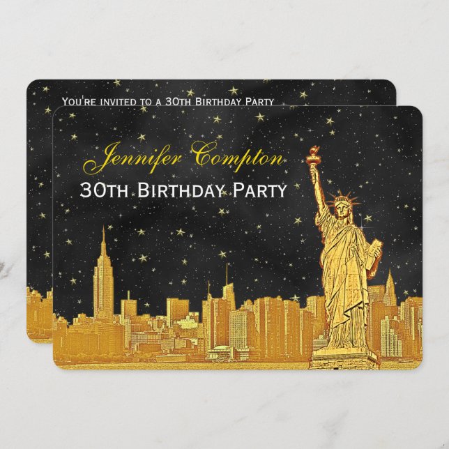 Guld NYC Skyline #2 Etch Blk Starry BG H Birthday Inbjudningar (Fram/baksida)