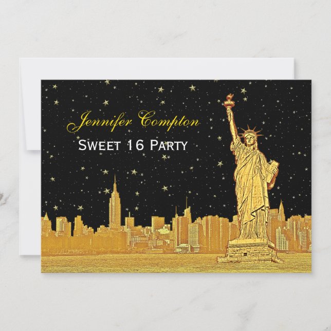 Guld NYC Skyline #2 Etch Starry DIY BG H Sweet 16 Inbjudningar (Framsida)