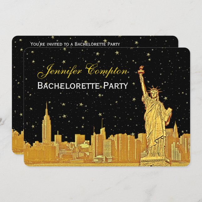 Guld NYC Skyline #2 Svart Stjärnig BGH Bröllopsdus Inbjudningar (Fram/baksida)