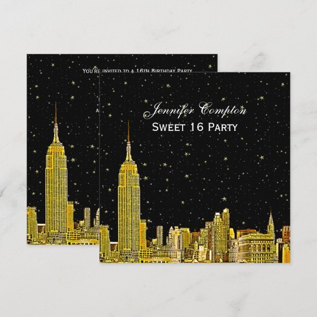 Guld NYC Skyline Etched Starry DIY BG SQ Sweet 16 Inbjudningar (Fram/baksida)