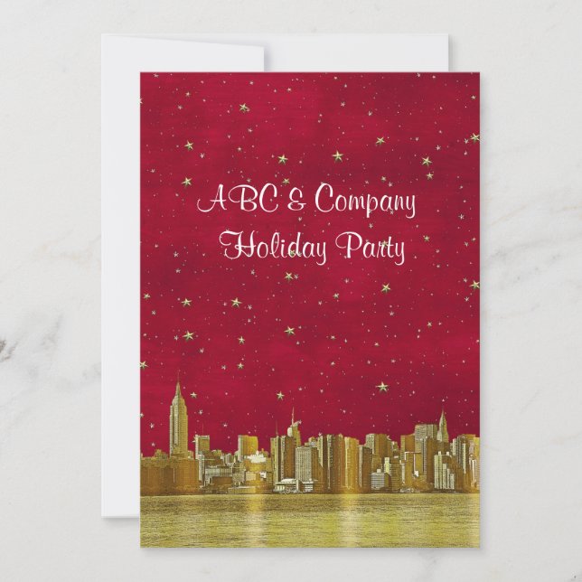 Guld NYC Skyline jul Red Starry Inbjudningar (Framsida)