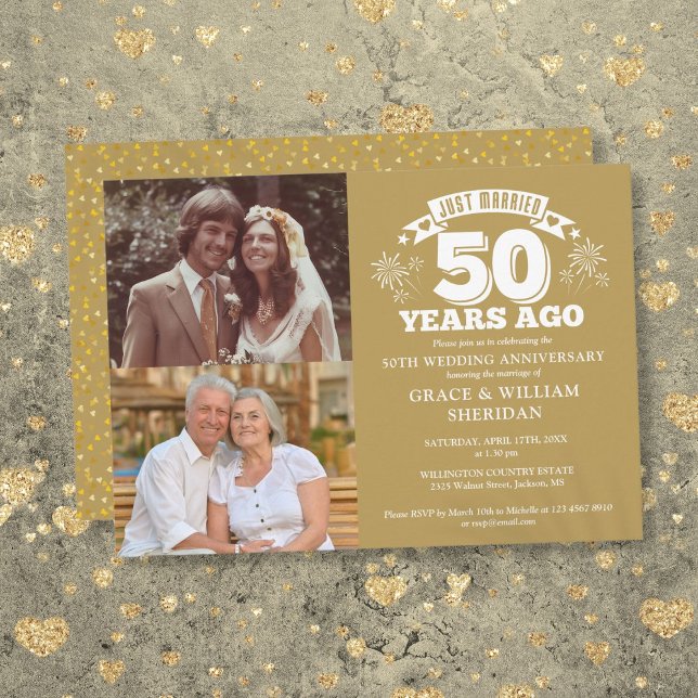 Guld Nyförlovade 50-årsjubileum 2 Bilder Inbjudningar (Gold Just Married 50th Wedding Anniversary 2 Photo Invitation)