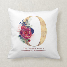 Guld O Monogram Blommigt Burgundy Red and Navy Blu Kudde