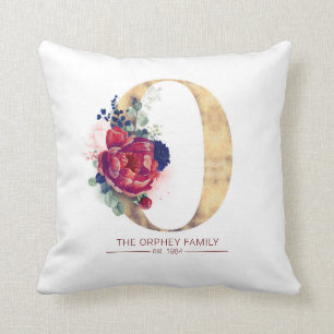 Guld O Monogram Blommigt Burgundy Red and Navy Blu Kudde